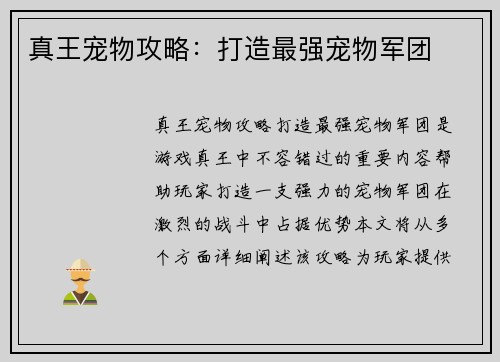 真王宠物攻略：打造最强宠物军团
